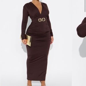 Ashley By 26 International Chocolate Maxi Dress with Gold Belt